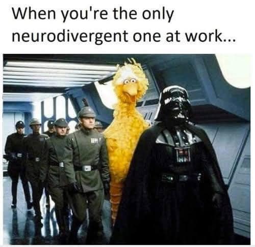 This meme features a photograph of a group of Imperial officers from the Star Wars franchise, including Darth Vader, standing in a corridor. In the background, a large yellow character from Sesame Street, Big Bird, is standing in a Stormtrooper's place. The text above the image reads "When you're the only neurodivergent in the room".